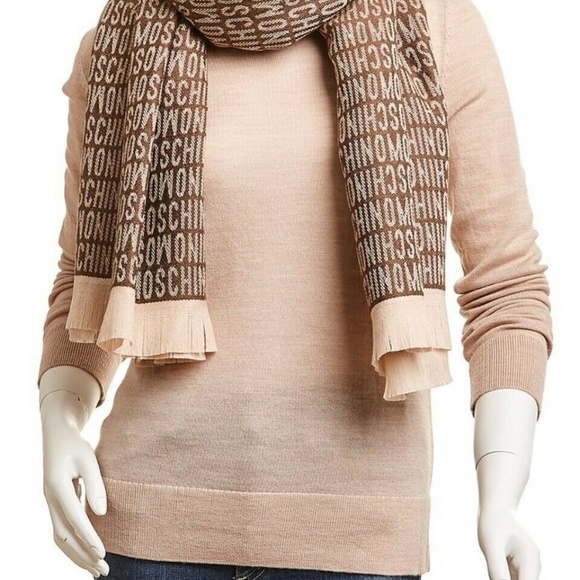 NWOT Moschino Wool Blanket Scarf Brown Tan Moschino Blanket Scarf w/ Tan Fringe - Picture 7 of 16